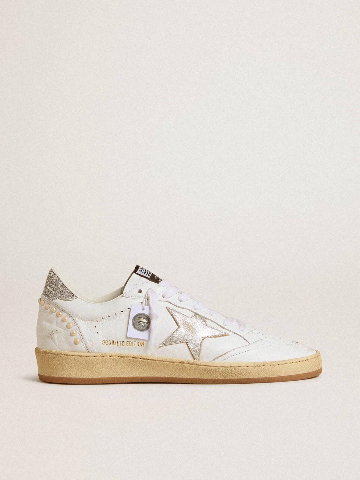 Women's white Ball Star with a silver star and Swarovski crystal heel tab with pearls