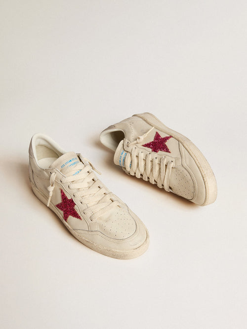 Ball Star LTD with fuchsia glitter star and light gray suede heel tab