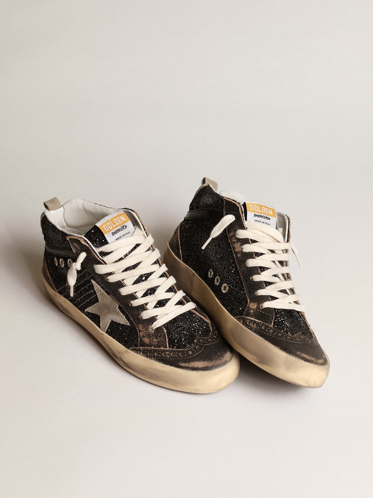 Mid Star da donna in glitter nero con stella in suede grigio tortora e linguetta sul tallone