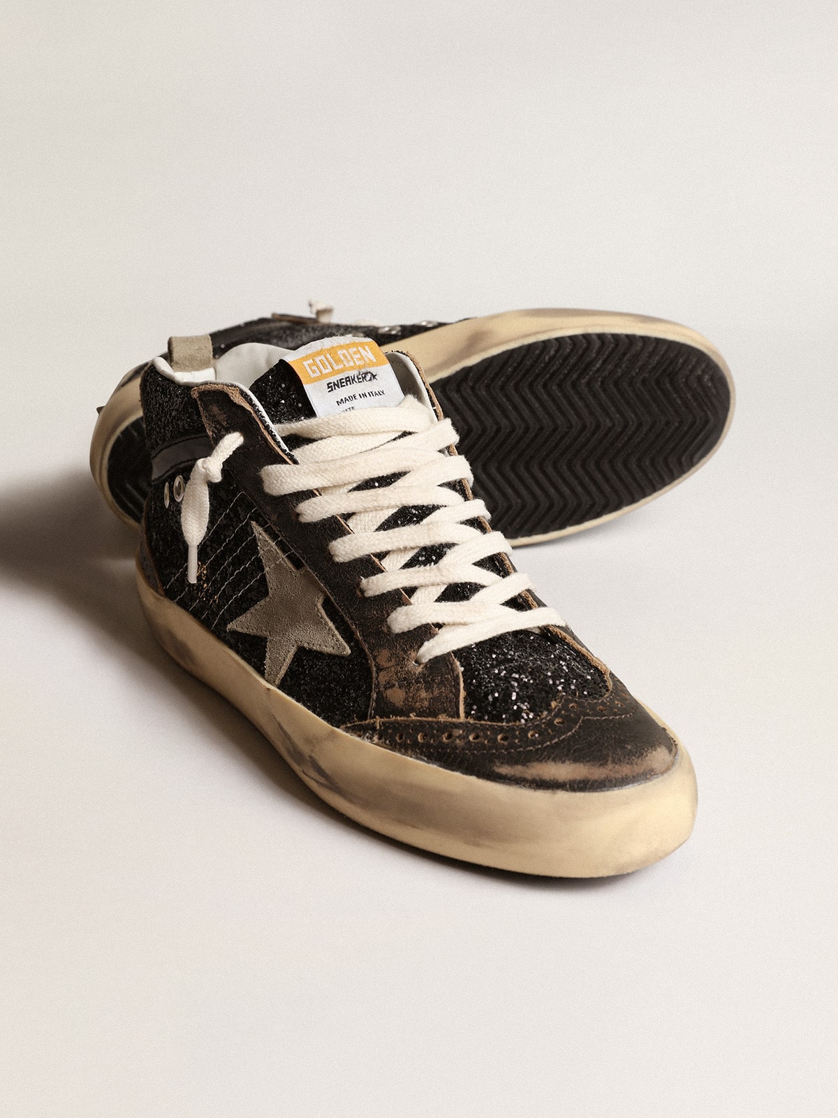 Mid Star da donna in glitter nero con stella in suede grigio tortora e linguetta sul tallone
