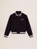 Women's bomber jacket in dark blue wool with white details